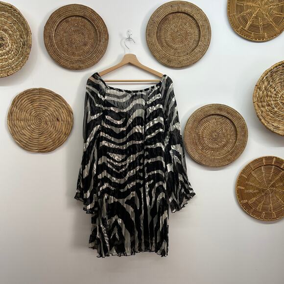 $268 Hale Bob Black White Animal Print Flare Boho Long Sleeve Mini Dress Small - Picture 3 of 9